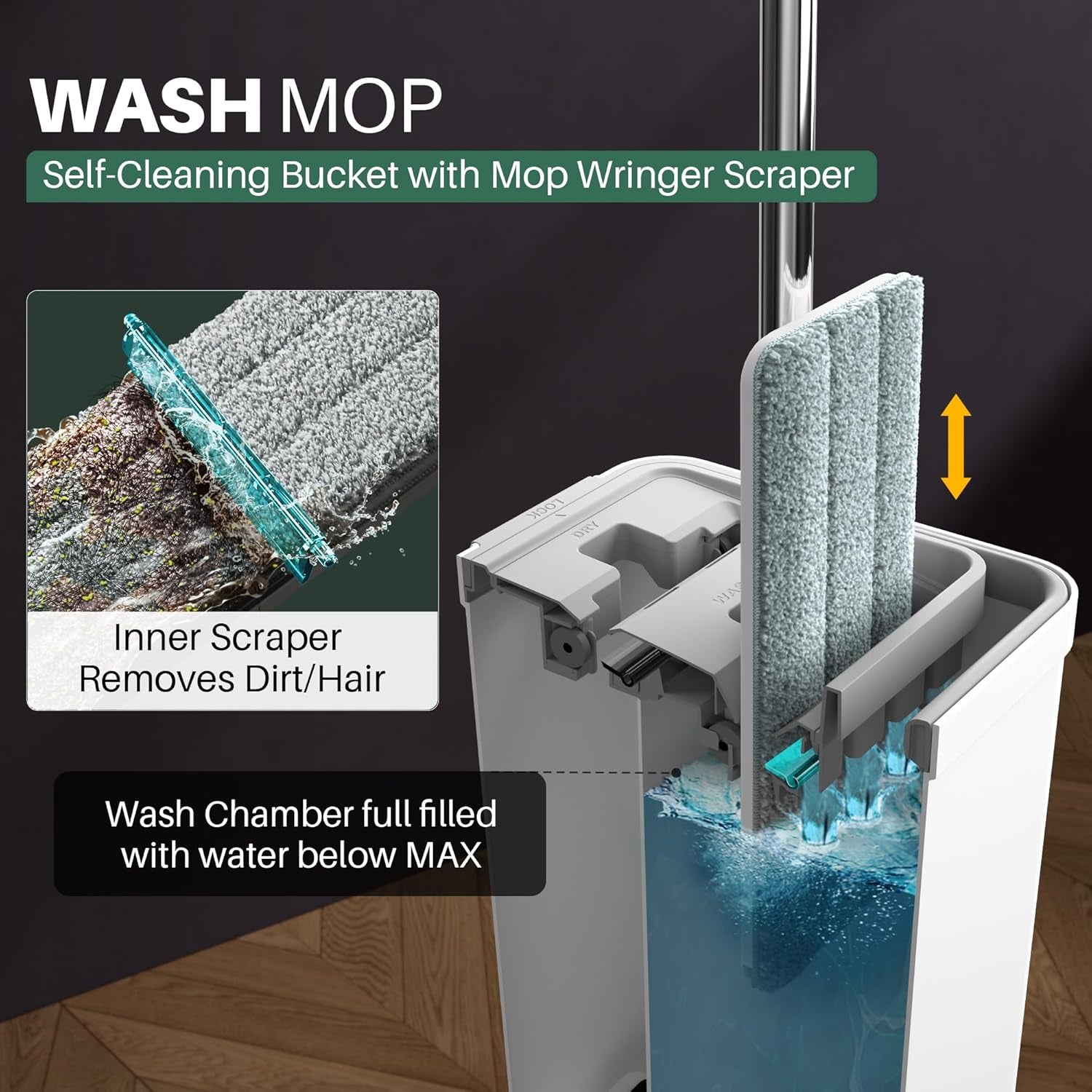 Mop and Bucket Set with Wringer, Flat Mops for Floor Cleaning, Wall Mop Cleaner with Long Handle, Hardwood Floor Mop with 4 Microfiber Pads