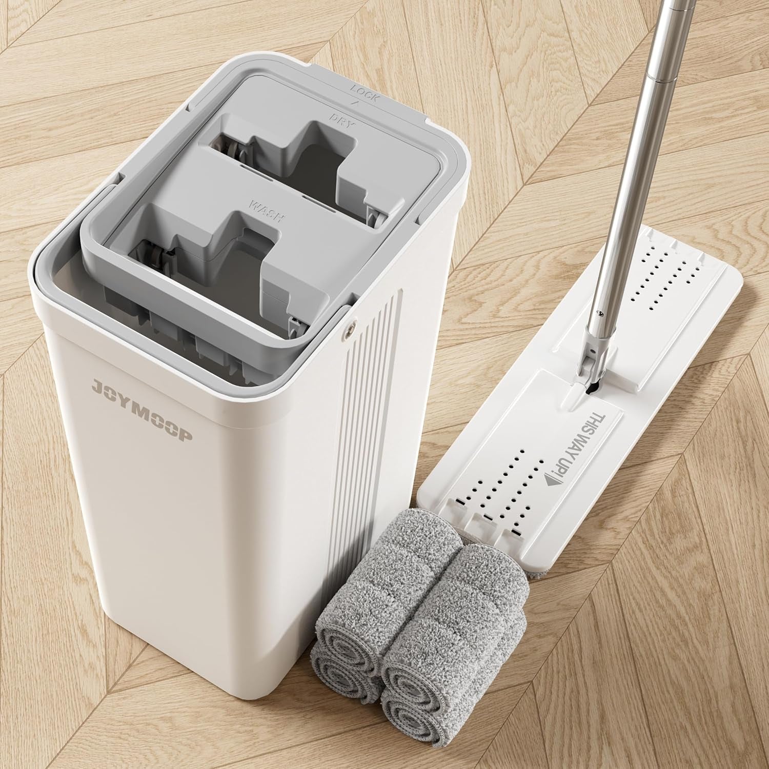 Mop and Bucket Set with Wringer, Flat Mops for Floor Cleaning, Wall Mop Cleaner with Long Handle, Hardwood Floor Mop with 4 Microfiber Pads