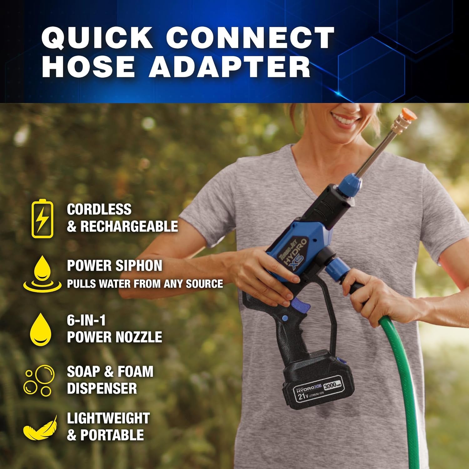 Turbo Jet Hydrox5 Pro Portable Cordless Pressure Washer (21V 3000Mah Battery), 6-In-1 Nozzle, Dual Water Source, 16Ft Detachable Hose