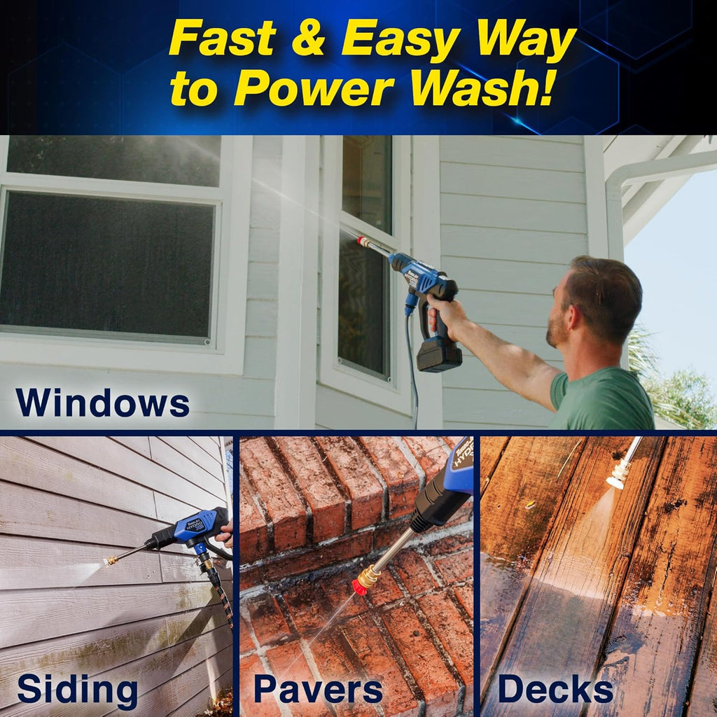 Turbo Jet Hydrox5 Pro Portable Cordless Pressure Washer (21V 3000Mah Battery), 6-In-1 Nozzle, Dual Water Source, 16Ft Detachable Hose