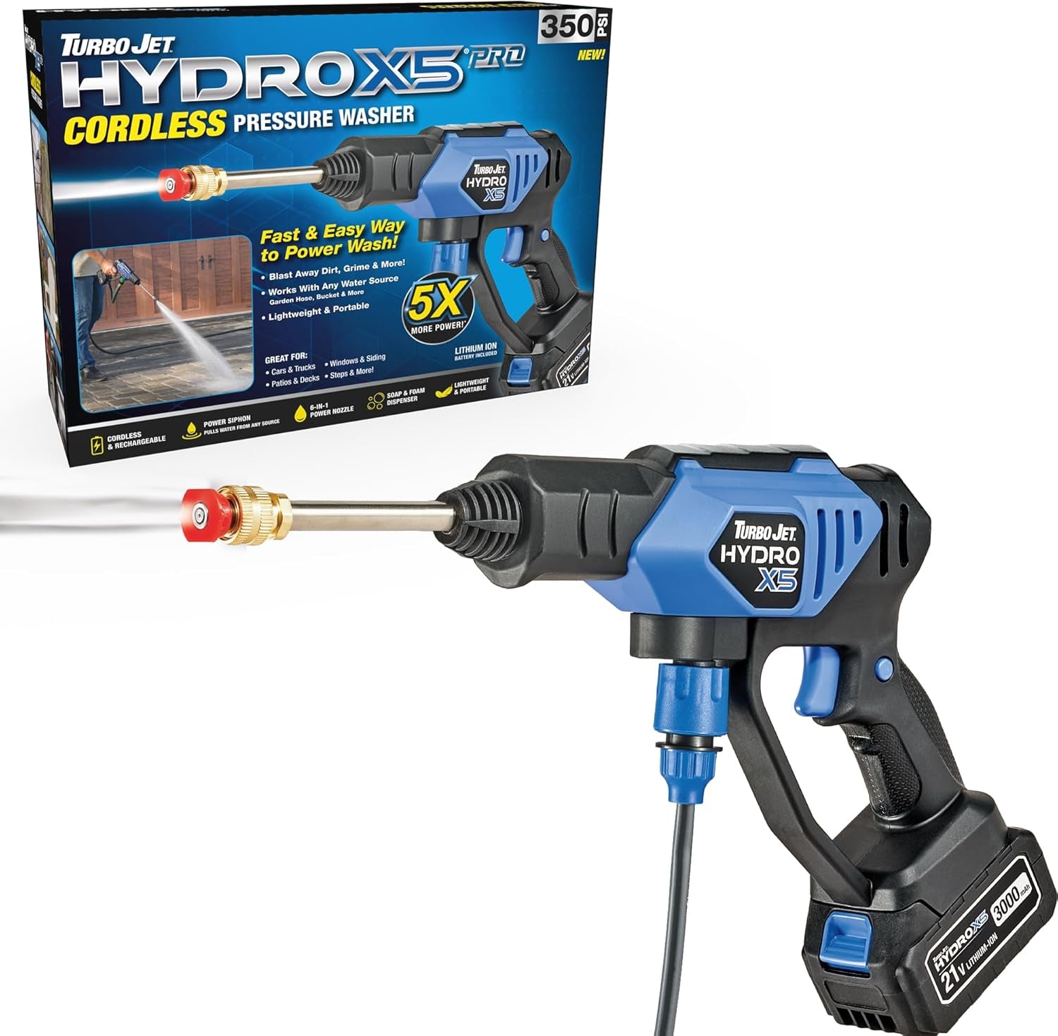 Turbo Jet Hydrox5 Pro Portable Cordless Pressure Washer (21V 3000Mah Battery), 6-In-1 Nozzle, Dual Water Source, 16Ft Detachable Hose