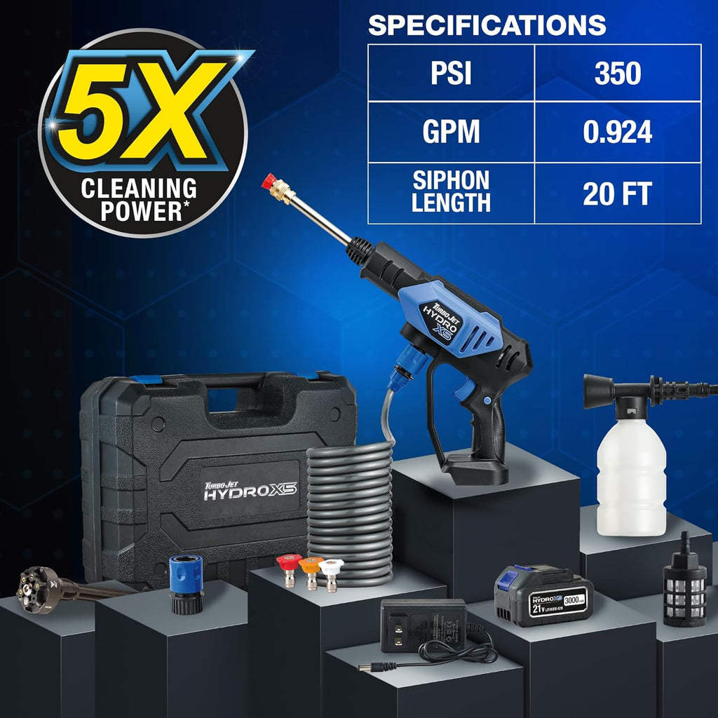 Turbo Jet Hydrox5 Pro Portable Cordless Pressure Washer (21V 3000Mah Battery), 6-In-1 Nozzle, Dual Water Source, 16Ft Detachable Hose