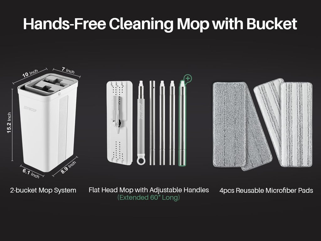 Mop and Bucket Set with Wringer, Flat Mops for Floor Cleaning, Wall Mop Cleaner with Long Handle, Hardwood Floor Mop with 4 Microfiber Pads