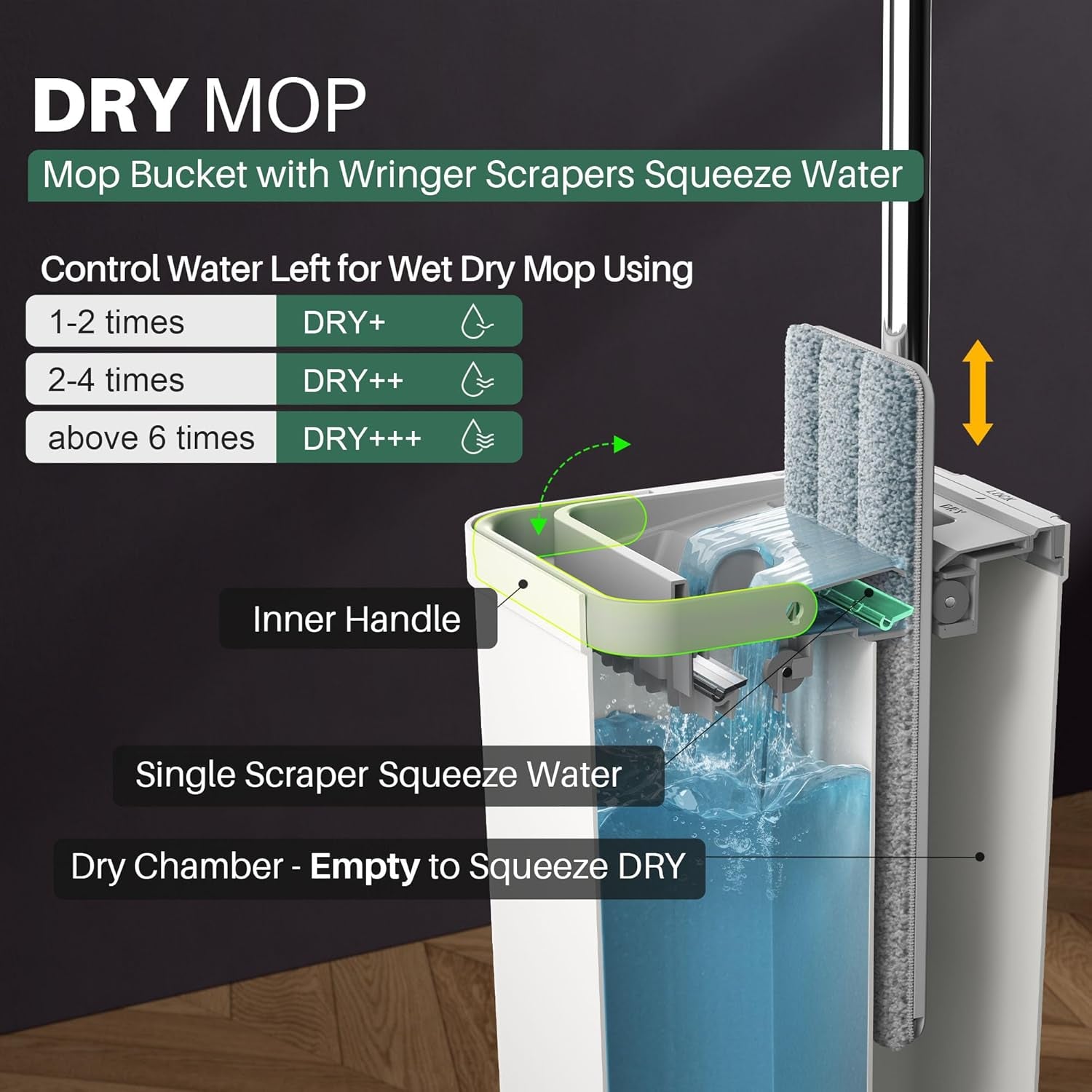 Mop and Bucket Set with Wringer, Flat Mops for Floor Cleaning, Wall Mop Cleaner with Long Handle, Hardwood Floor Mop with 4 Microfiber Pads