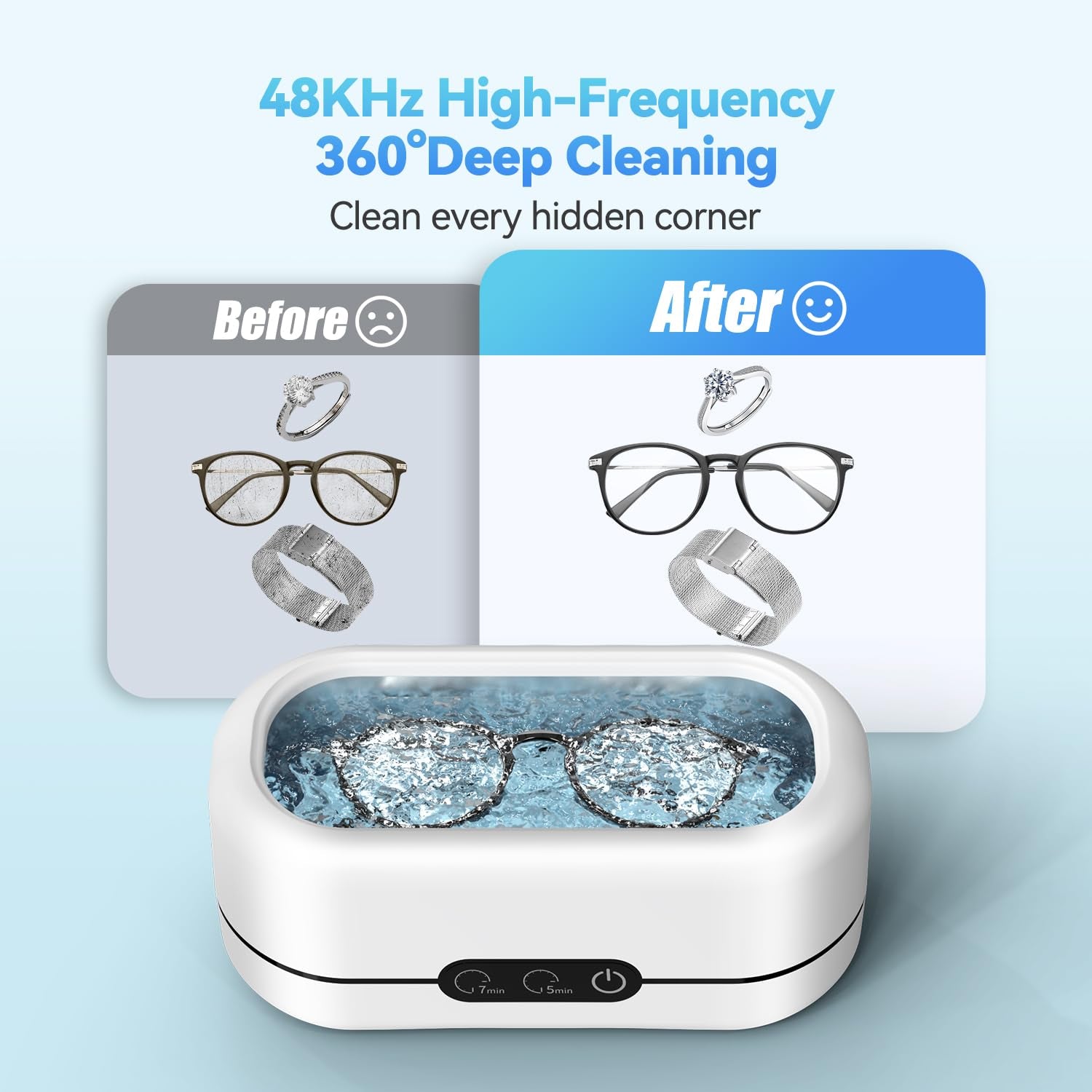 Ultrasonic Jewelry Cleaner, 48Khz Ultrasonic Cleaner Machine for Jewelry, Eyeglasses, Rings, Watch Strap, Dentures- Dual Cleaning Modes, 304 Stainless Steel Tank