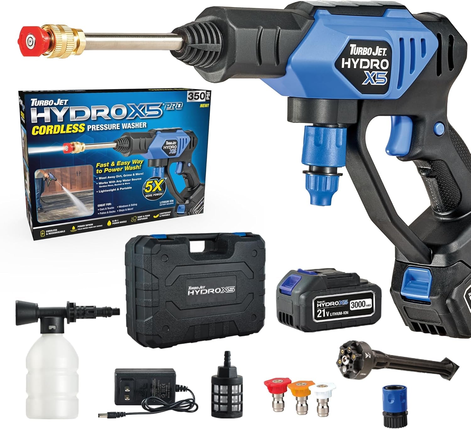 Turbo Jet Hydrox5 Pro Portable Cordless Pressure Washer (21V 3000Mah Battery), 6-In-1 Nozzle, Dual Water Source, 16Ft Detachable Hose